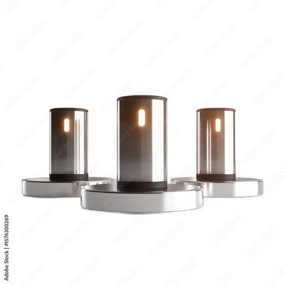 Poster three sleek metallic cylindrical objects with illuminated vertical slots displayed on polished silve