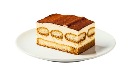 Classic Tiramisu Slice on White Plate Isolated
