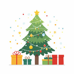 A festive Christmas tree adorned with ornaments and lights sits amidst colorful presents, perfect for holiday cards and seasonal designs.