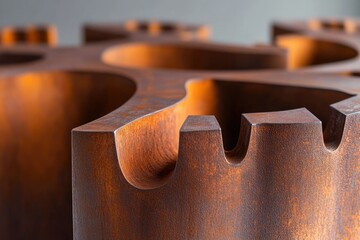 Close-up of a rusted metal sculpture with intricate, undulating forms and carved details.