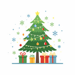 Fototapeta premium Decorated christmas tree with gifts and snowflakes provides a festive holiday design element perfect for cards and decorations.