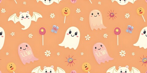 Seamless Halloween Vector Pattern with Pastel Bats, Candy, and Ghosts on Orange Background