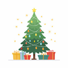 Fototapeta premium A festive Christmas tree decorated with lights and a star, surrounded by beautifully wrapped gifts, perfect for holiday designs.