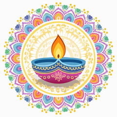 Celebrate Diwali with this vibrant lamp graphic radiating a beautiful mandala design in bright, festive colors, perfect for Indian cultural events.