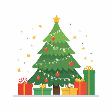 Festive Christmas tree with string lights and colorful gift boxes makes a cheerful holiday season design for greetings.