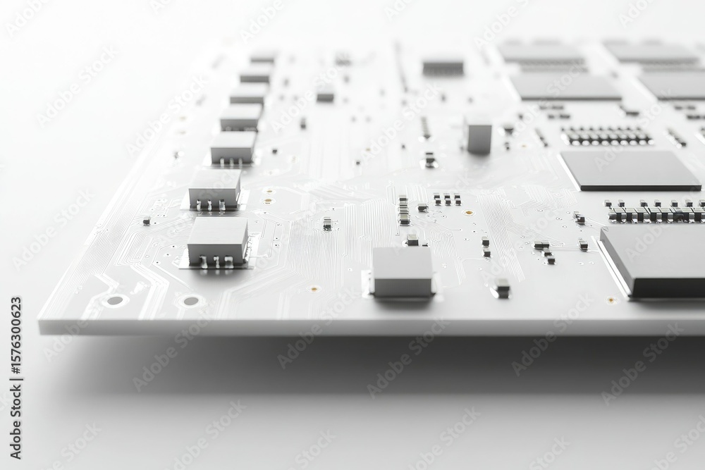 Poster a close-up view of a pristine white circuit board, showcasing its intricate design and components.