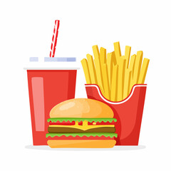 Delicious fast food meal featuring a burger, fries, and soda, perfect for menu designs or food-related graphics.