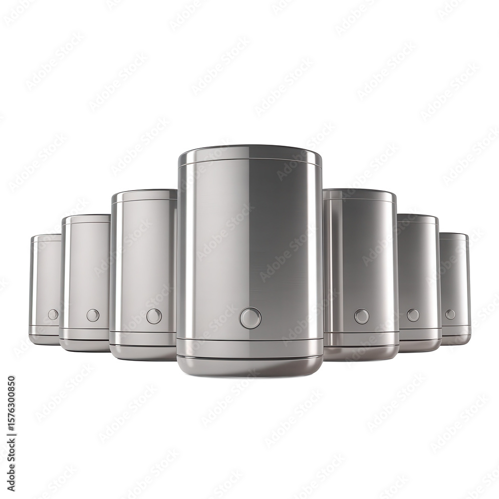 Poster group of sleek metallic cylindrical objects with a single button on the front isolated on transparen