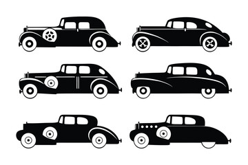 Classic Car Silhouettes: A collection of six vintage car silhouettes, showcasing classic car designs from the golden age of automobiles.  Each silhouette is distinct.