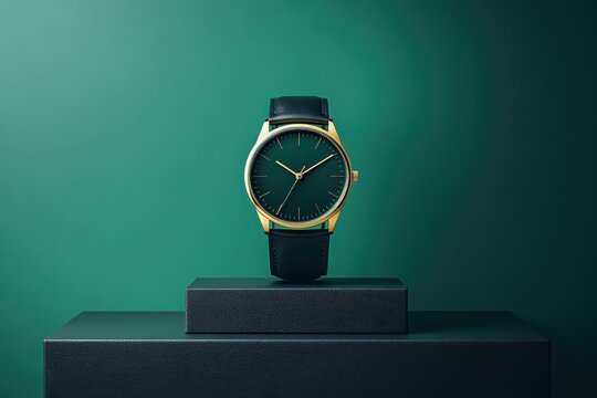 A watch is displayed on a black surface with a green background - Powered by Adobe