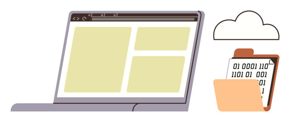 Laptop with a webpage layout beside a folder containing binary coding, topped by a cloud. Ideal for data management, cloud computing, file organization, coding, digital learning, online storage