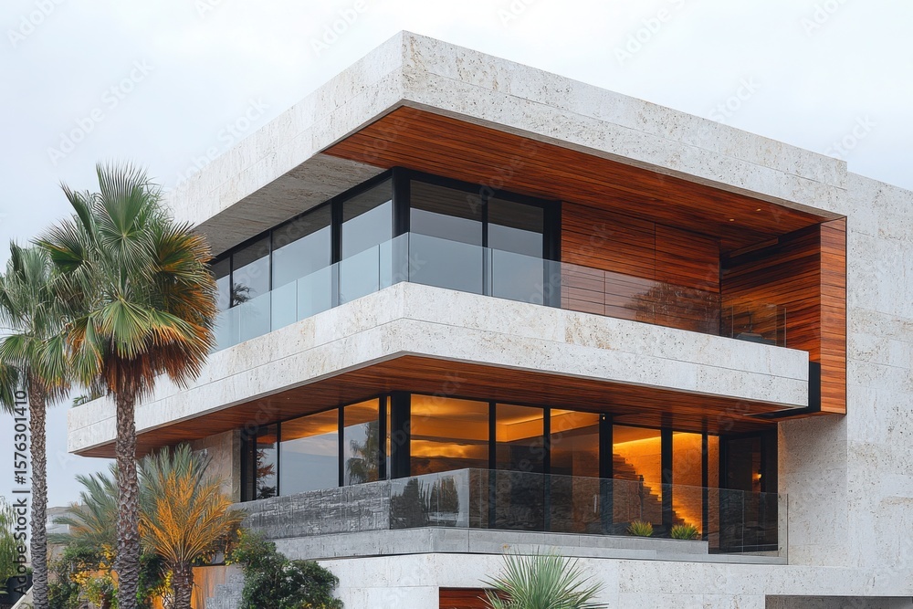 Poster a large white house with a balcony and a palm tree in the background