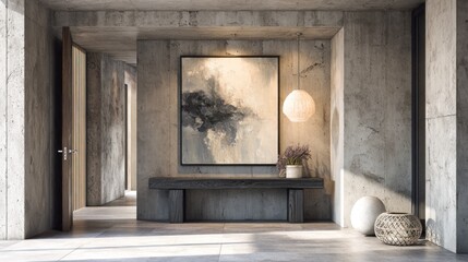 Concrete hallway with art and bench