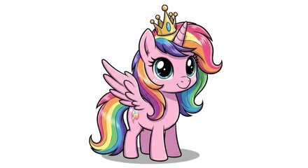 Adorable Pink Alicorn Princess with Rainbow Mane and Crown