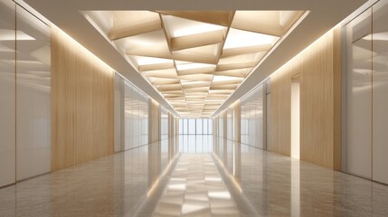 Modern, light-filled hallway with wood and white accents