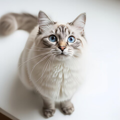 Obraz premium Beautiful ragdoll cat with striking blue eyes looking up attentively