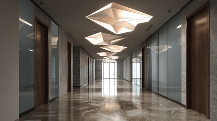 Modern hotel hallway, polished stone floor