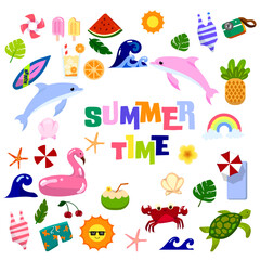 A colorful vector illustration set of fun cartoon nature icons with animal and floral symbols for summer holiday design (30+ illustrations)
