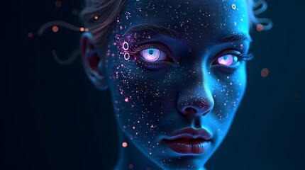 Abstract AI face made of digital code and neural network patterns on a dark background