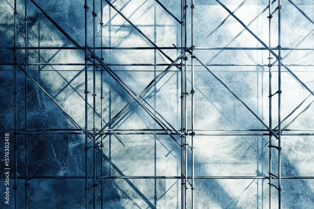 Poster abstract image of scaffolding against a textured background, showing intersecting lines and shadows.