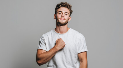 A proud young man standing confidently with a bright expression, showing self assurance and strength, isolated on neutral background, modern portrait photography.