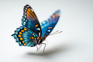Obraz premium This detailed photograph features a tropical butterfly in vivid color tones. Its patterned wings glow with warm and cool hues, perfectly lit and isolated on a studio white background.