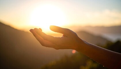 Hand reaching for golden sunrise over mountains