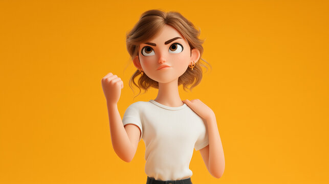 3D cartoon illustration of a proud young woman standing confidently with hands on hips, bright smile, and positive energy, representing empowerment and self-assurance.