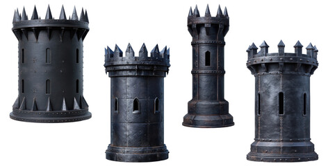 Set of four dark metal fantasy or medieval towers with spiked battlements