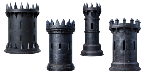 Set of four dark metal fantasy or medieval towers with spiked battlements