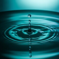 Water droplet impact creating concentric ripples on a dark teal surface.