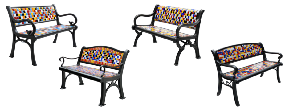 Set of four black metal park benches with colorful mosaic tile seats and backs