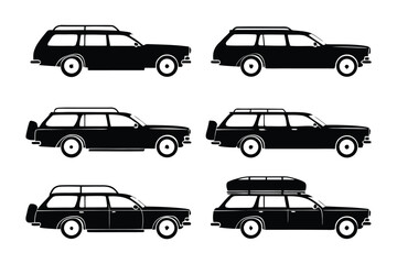Silhouette of Vintage Station Wagons: A striking black and white illustration showcases a collection of classic station wagons, each exuding the charm of a bygone era.