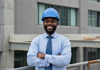 Confident African American Engineer with Blue Hardhat and Arms Crossed Smiling