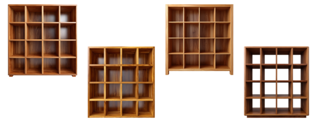 Set of four wooden cube storage units or shelving with multiple compartments