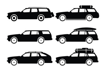 Silhouettes of Touring Cars: A set of elegant silhouettes of station wagons, perfect for illustrating travel and adventure, with some featuring roof racks carrying luggage.