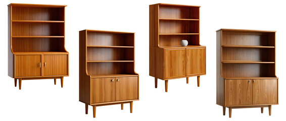 Set of four mid-century modern wooden bookshelves with cabinets