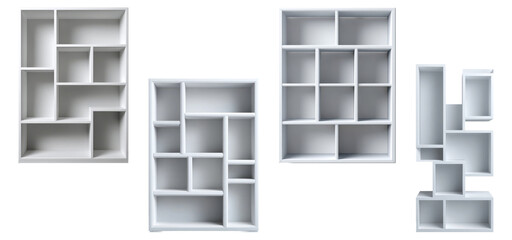 Set of four modern white modular shelving units with irregular compartments