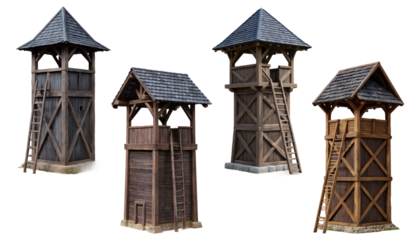 Set of four rustic wooden guard towers or watchtowers with ladders and pitched roofs
