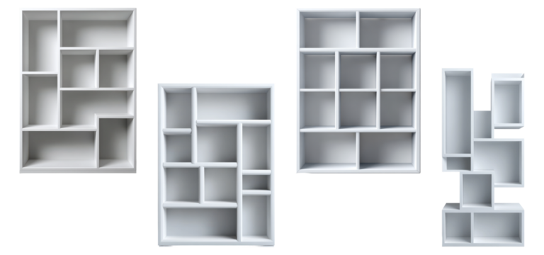 Set of four modern white modular shelving units with irregular compartments