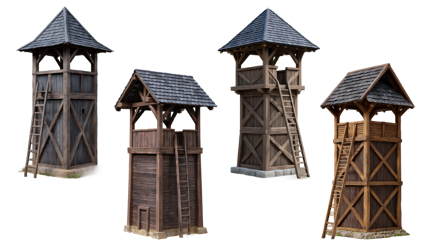 Set of four rustic wooden guard towers or watchtowers with ladders and pitched roofs