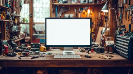 Empty computer monitor in a cluttered workshop