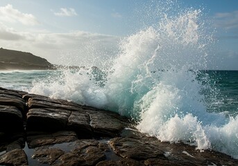 Powerful Ocean Wave Crashing Against Coastal Rocks - Dynamic Seascape and Raw Nature Energy.