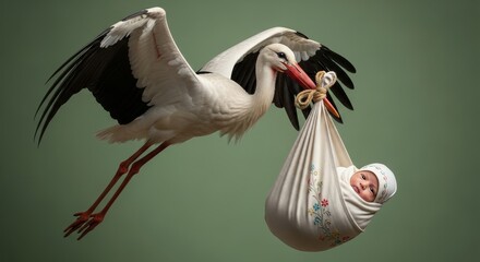 A White stork carries a newborn Indian baby in a cloth bundle, symbolizing the classic folklore of storks delivering babies. © AC's Inspired Images
