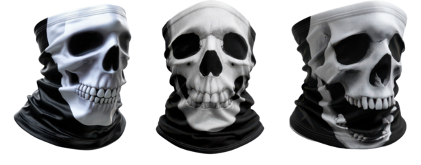 Set of three black and white skull-printed neck gaiters or face masks