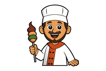 Culinary Artist: Smiling chef with mustache, apron, and toque proudly presents a colorful skewer of food, embodies culinary expertise and pride in his creation.