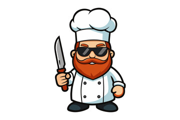 Cool Chef Cartoon Character: A cartoon chef with a long red beard and sunglasses holds a large knife. He's wearing a traditional chef's uniform and hat.