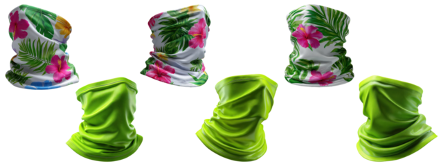 Collection of six colorful neck gaiters with tropical floral and solid green patterns