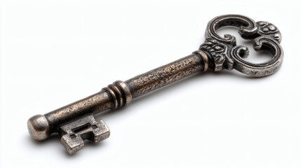 An antique key, with intricate detailing, rests on a clean white background.