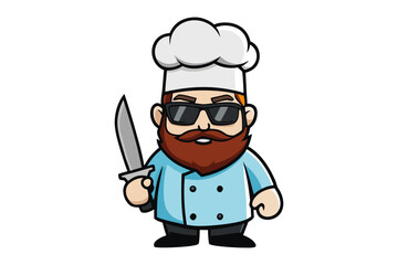 Chef with a Beard: A quirky and confident cartoon chef with a beard, donning sunglasses and chef hat, holds a shiny knife.
